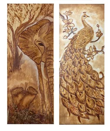 Coffee Painting - Elephant and Peacock thumb
