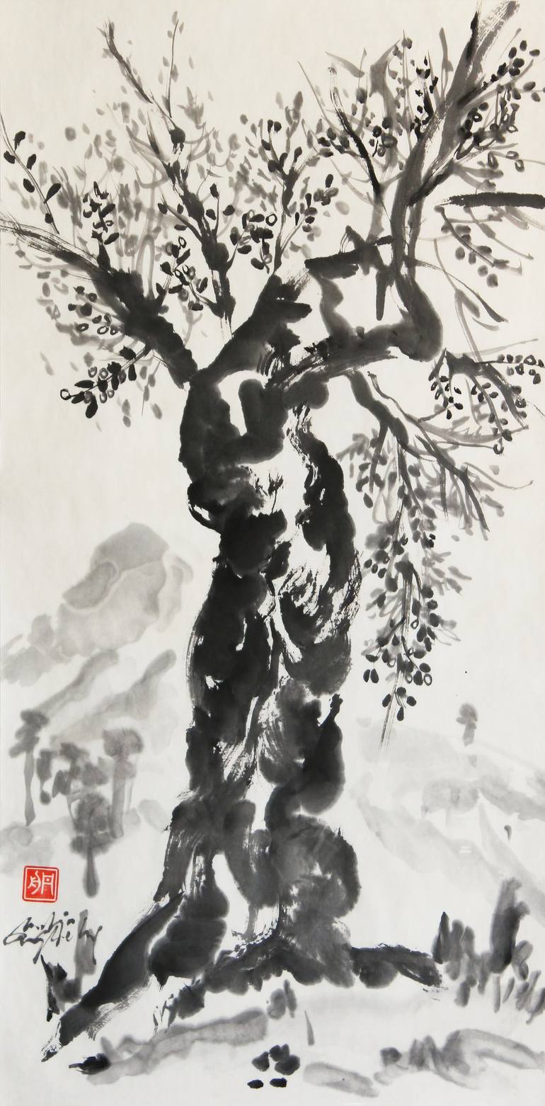 The Spirit of Peace and Calm, Modern Olive Tree Sumi-e
