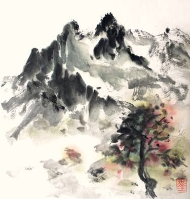 Autumn Landscape in Brush Strokes and Dots, Zen Minimalist Art thumb