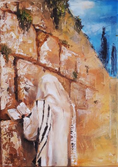 group of worshippers Vintage original oil painting wailing wall Jerusalem scene 27.5 x 15.5 wood frame
