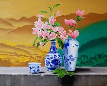 Pink Flowers in Chinese Vases thumb