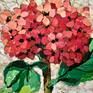 Red Hydrangea on board. Made with papers which are hand-painted using acrylic paint combined with different textured and patterned papers. The use of vibrant colors with the variety of papers creates an interesting visual mix. Framed in a quality white-washed wood frame.