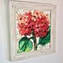 Red Hydrangea on board. Made with papers which are hand-painted using acrylic paint combined with different textured and patterned papers. The use of vibrant colors with the variety of papers creates an interesting visual mix. Framed in a quality white-washed wood frame.
