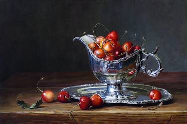 Still Life - Cherries in the Silver Cup - Oil Painting on the Canvas 39" x 31" naturmort by Sergey Teplyakov thumb
