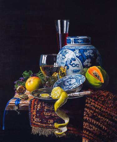 Chinese Vase with Fruits and Wine - Oil Painting on Canvas 29.5" x 35.4" still-life naturmort by Sergey Teplyakov thumb