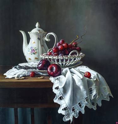 White Coffee Pot with Grapes Prunes - Still Life Oil Painting on Canvas 31" x 35" thumb