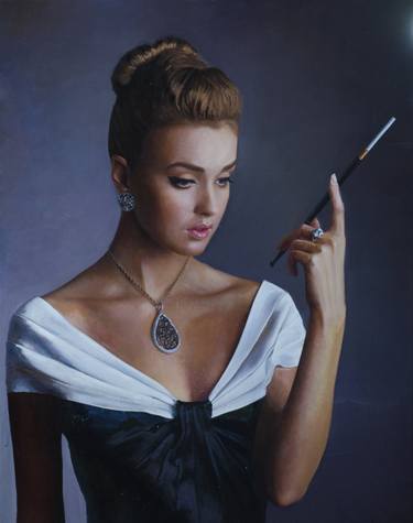 Girl with Cigaret Holder - Oil Painting Portrait on Canvas 33.5" x 37.4" by Sergey Teplyakov thumb