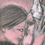 Charcoal and chalk drawing on dusty pink paper depicting a young woman facing a wolf, her fears. Although this is fantasy it was inspired by a personal experience.