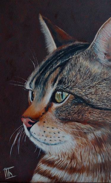 Ginger fluffy cat Animal Original oil painting on canvas board A5 Painting  by Elena Ivanova