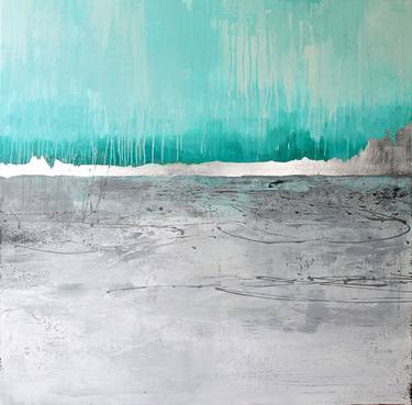 Silver Gray Turquoise Abstract Painting Canvas named "Lake" thumb