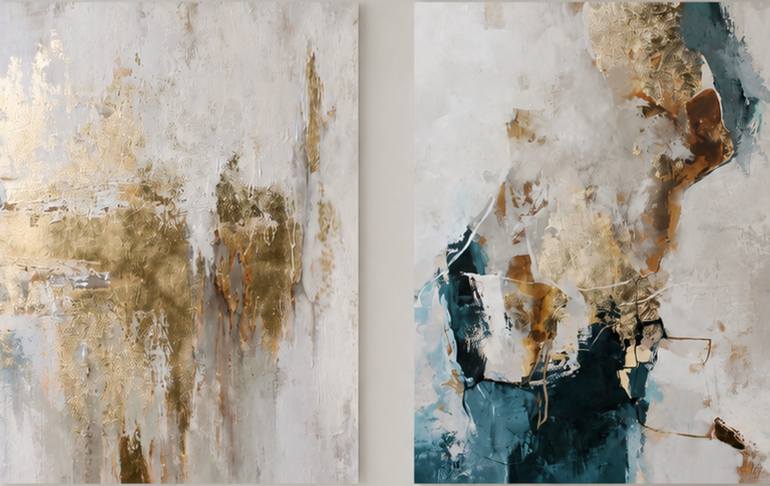 "Polarity 2" Blue white gold acrylic abstract Original Painting by yana sagan