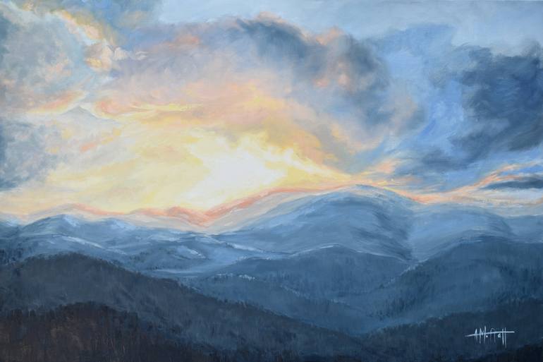 Original Landscape Painting by April Moffatt | Abstract Expressionism Art on Canvas | Sunset over the Blue Ridge Mountains
