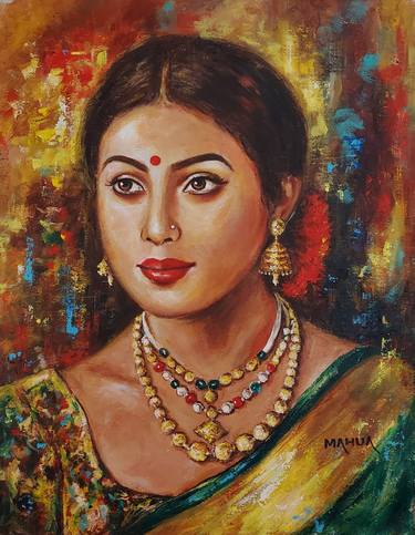 Saatchi Art Artist Mahua Pal; Paintings, “Portrait of Indian Lady in Saree - 9” #art