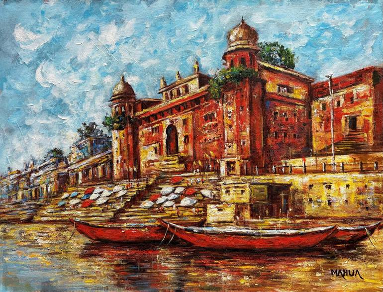 Original Architecture Painting by Mahua Pal | Realism Art on Canvas | Benaras Ghat 9