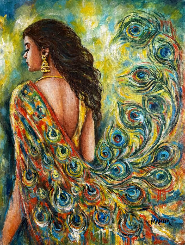 Indian Lady in Saree and Reflection in Mirror Painting by Mahua