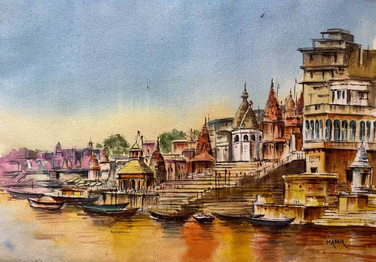 Original Architecture Painting by Mahua Pal | Realism Art on Paper | Benaras Ghat Series - 1