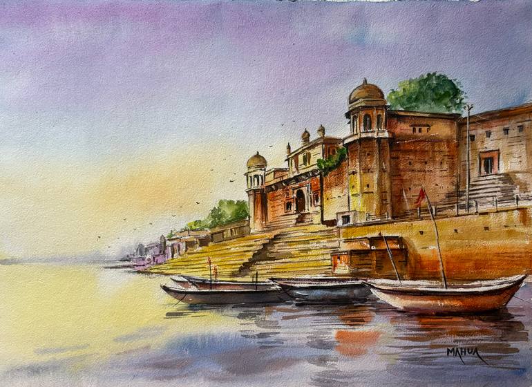 Original Architecture Painting by Mahua Pal | Realism Art on Paper | Benaras Ghat Series - 2