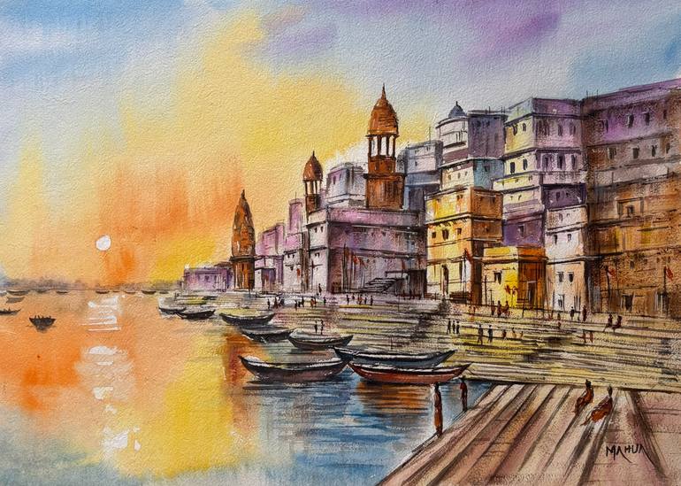 Original Architecture Painting by Mahua Pal | Realism Art on Paper | Benaras Ghat Series - 3