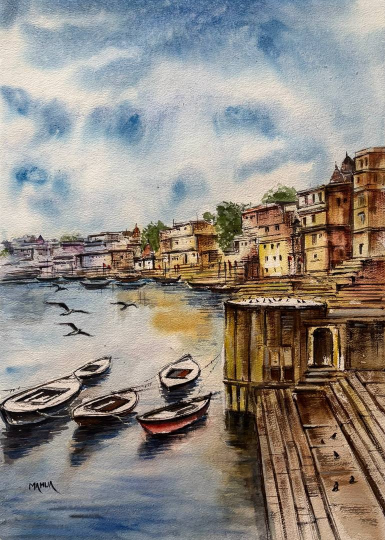 Original Architecture Painting by Mahua Pal | Realism Art on Paper | Benaras Ghat Series - 4