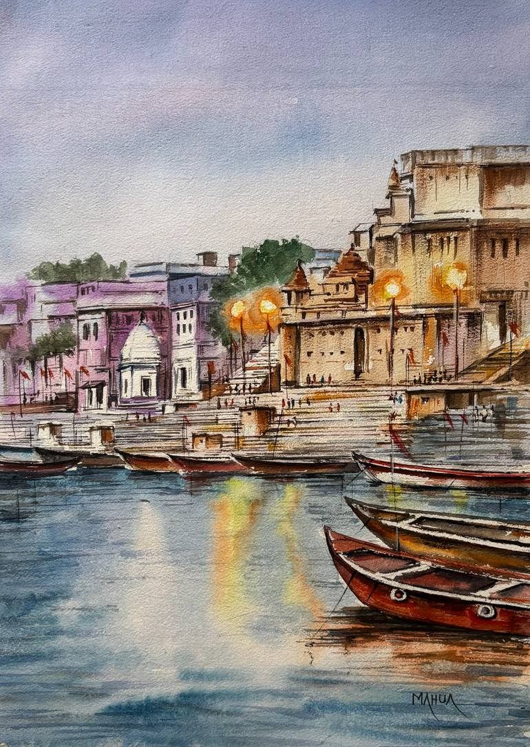 Original Architecture Painting by Mahua Pal | Realism Art on Paper | Benaras Ghat Series - 5