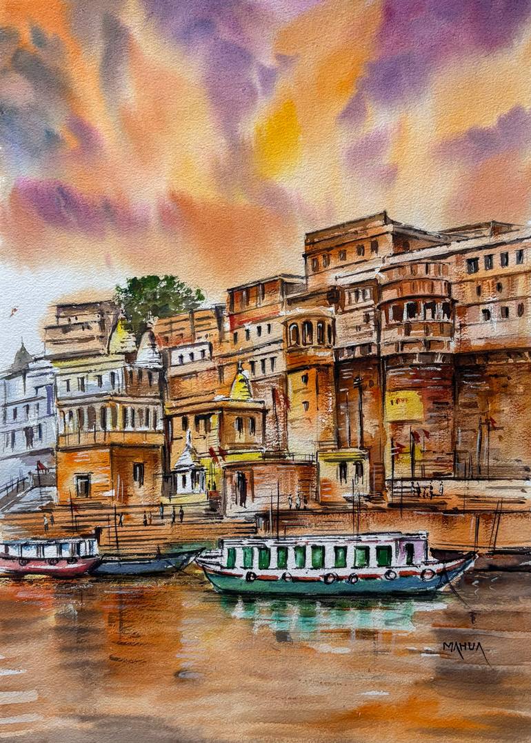 Original Architecture Painting by Mahua Pal | Realism Art on Paper | Benaras Ghat Series - 6
