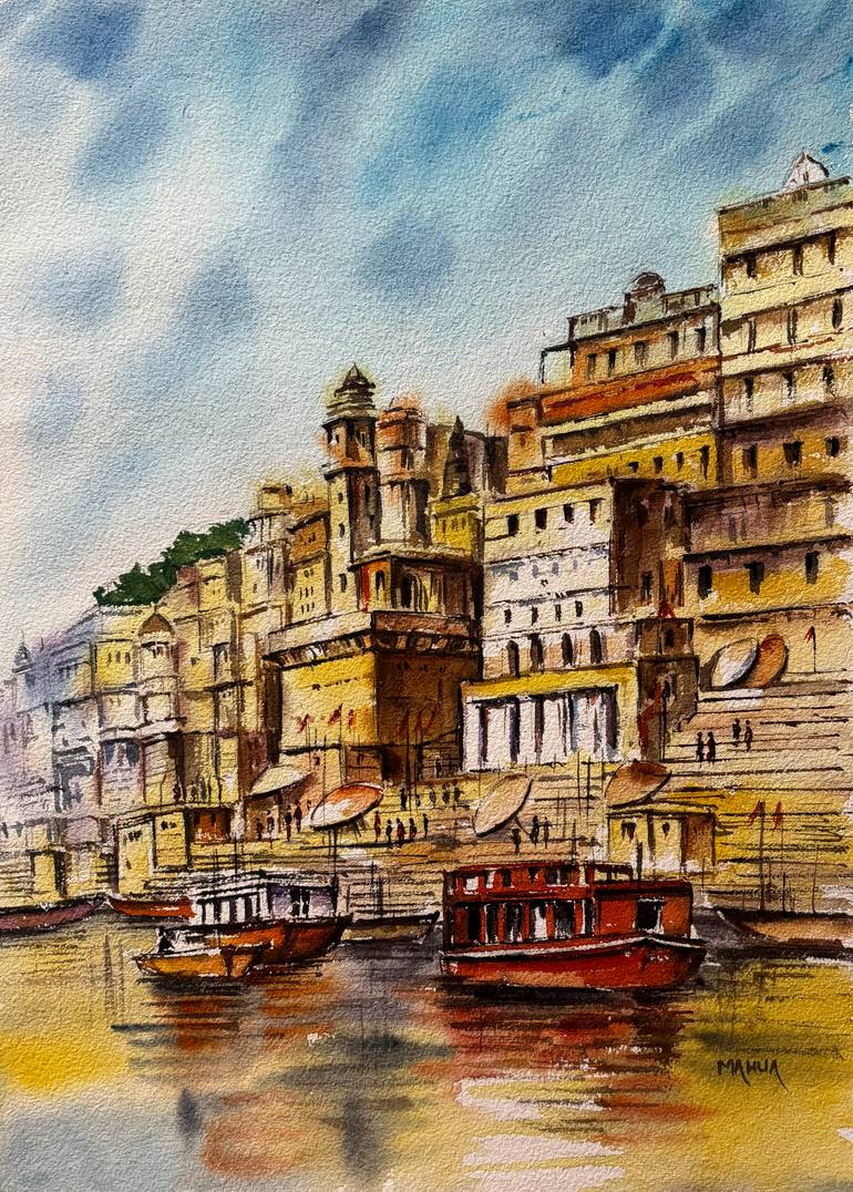 Original Architecture Painting by Mahua Pal | Realism Art on Paper | Benaras Ghat Series - 7