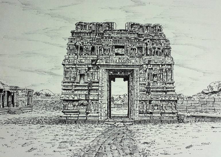 Achyutaraya Temple Gate - Hampi Drawing By Mahua Pal 