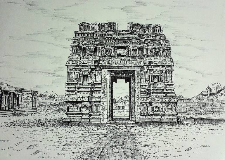 Achyutaraya Temple Gate - Hampi Drawing by Mahua Pal | Saatchi Art