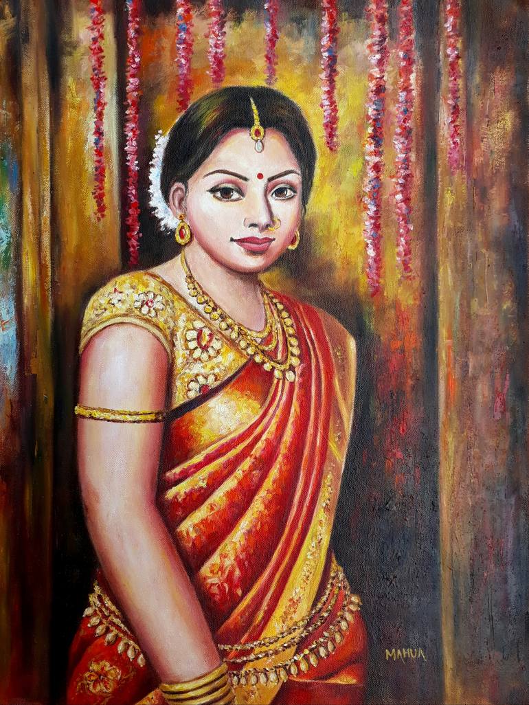 Portrait of Indian Lady in Saree - 5 Painting by Mahua Pal ...