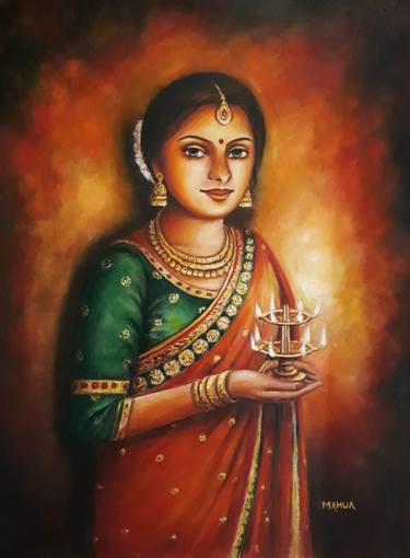 Portrait of Indian Lady in Saree (Holding a Lamp) - 6 thumb