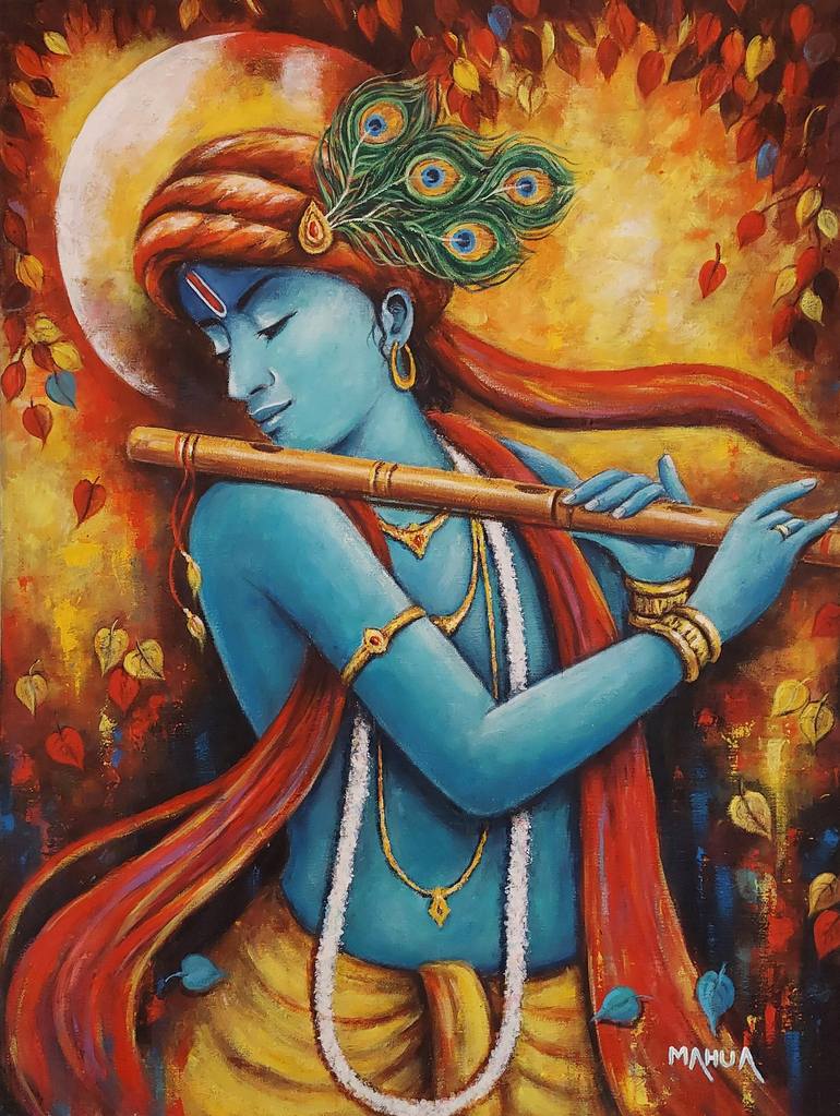 Painting Of Krishna Playing Flute