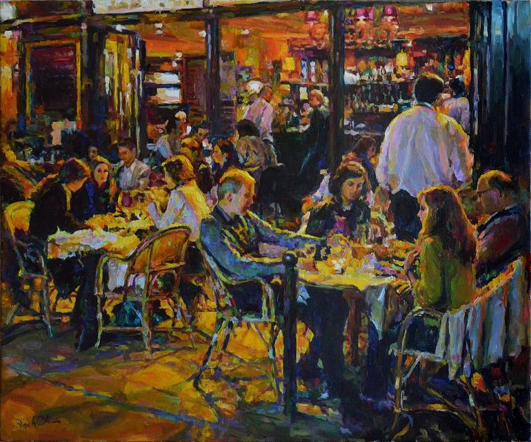 Original People Painting by Vachagan Manukyan | Figurative Art on Linen | Evening at the Cafe