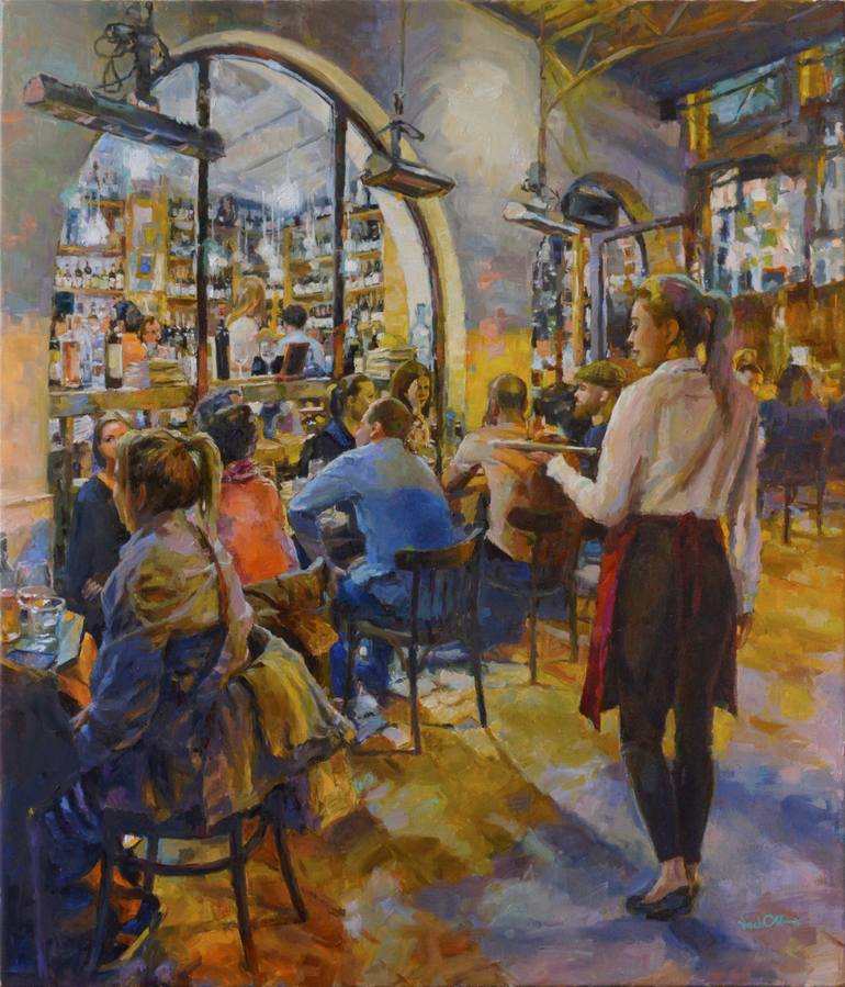 Original People Painting by Vachagan Manukyan | Figurative Art on Linen | Evening at the Cafe #2