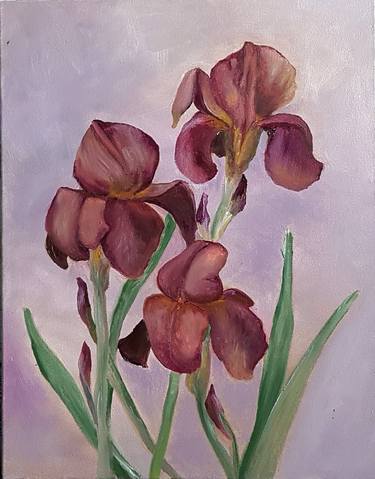 Irises, spring flowers in realistic style, oil on canvas, 18"x14" thumb