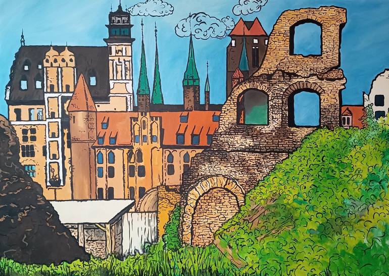 Original Architecture Painting by Vera Derevyanko | Pop Art Art on Canvas | Gdansk Center View Tasty Style