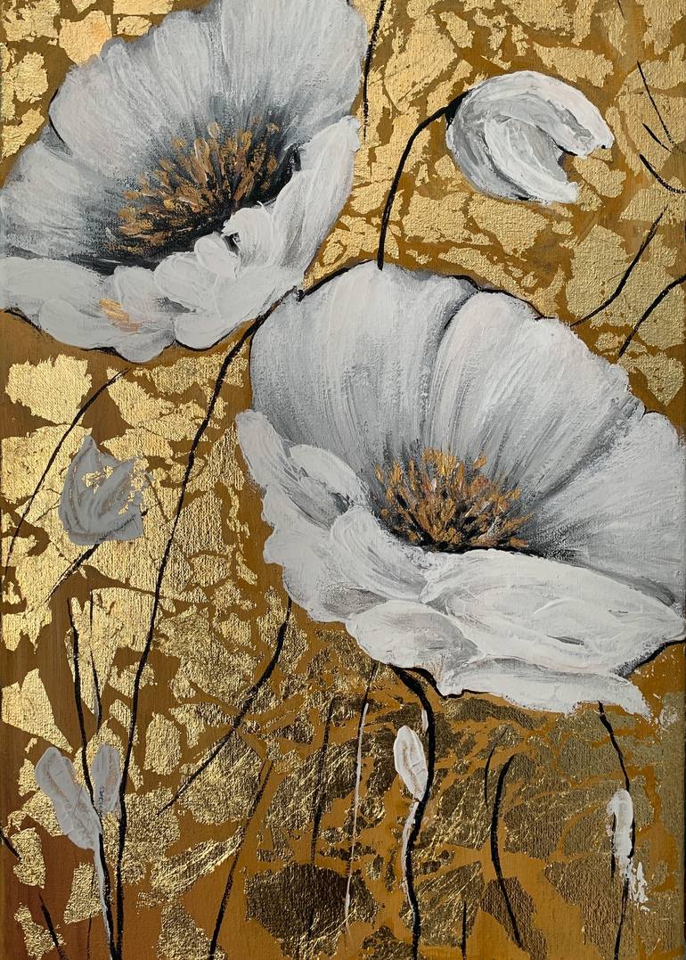 Nude & gold flowers. Watercolour & acrylic (34876)