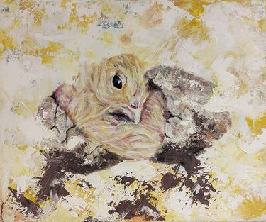 Hatching Fluffy Chick - oil painting on canvas, Luna Smith thumb