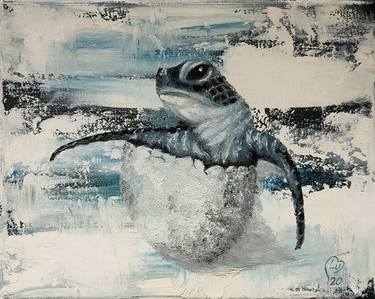 Hatching Turtle - oil painting on canvas, Luna Smith thumb