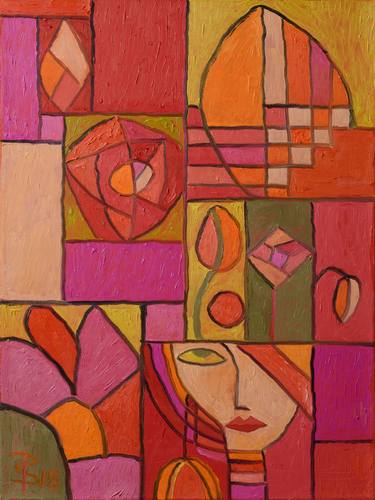 Red and Orange Art Deco Floral Feminine Abstract (Painting No. 16) thumb