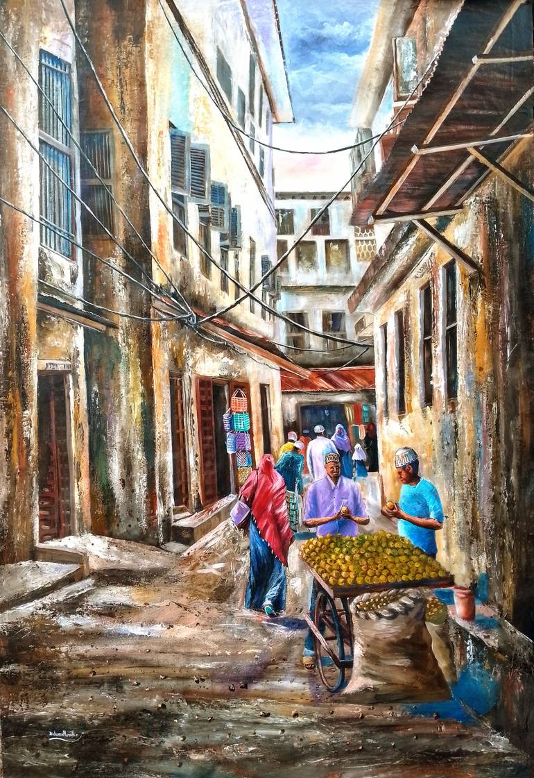 Original Architecture Painting by Edward Muratha | Expressionism Art on Canvas | Alley vendor
