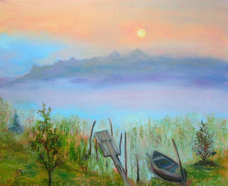 Original Landscape Painting by Katia Ricci | Contemporary Art on Canvas | Rural Landscape with a Boat