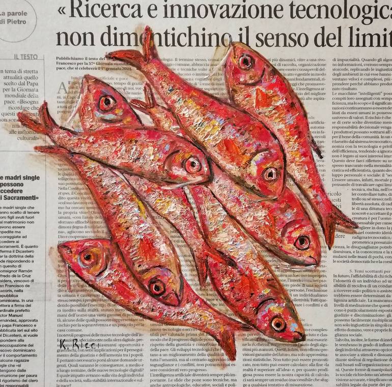 Original Animal Painting by Katia Ricci | Art Deco Art on Canvas | Red Fishes on Newspaper