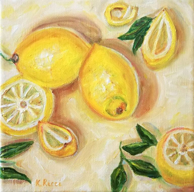 Original Still Life Painting by Katia Ricci | Art Deco Art on Canvas | Lemons on Table