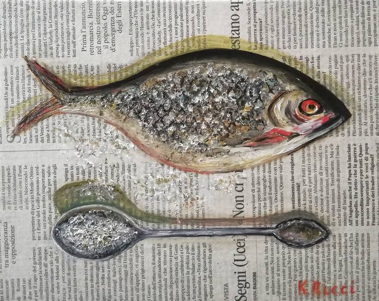 Original Still Life Painting by Katia Ricci | Art Deco Art on Canvas | Fish on Newspaper