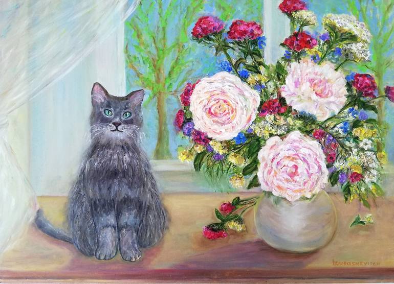 Original Still Life Painting by Katia Ricci | Art Deco Art on Canvas | Cat's Life - Print for Interiors with Cat and Flowers