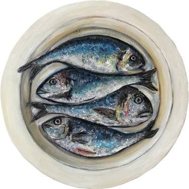 Four Fishes in Plate on Round Canvas - Oil Painting Collection thumb