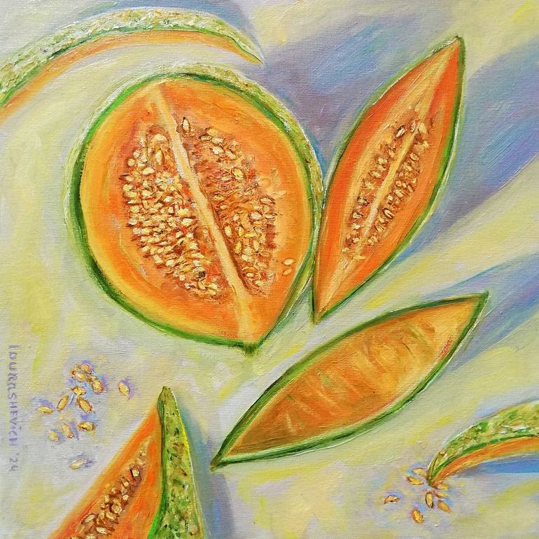 Original Food & Drink Painting by Katia Ricci | Art Deco Art on Canvas | Tablescape with Melon Slices - Oil Painting Art Collection