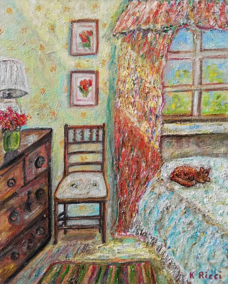 Original Home Painting by Katia Ricci | Contemporary Art on Canvas | Cat and Sweet Home - Oil Painting Art Collection