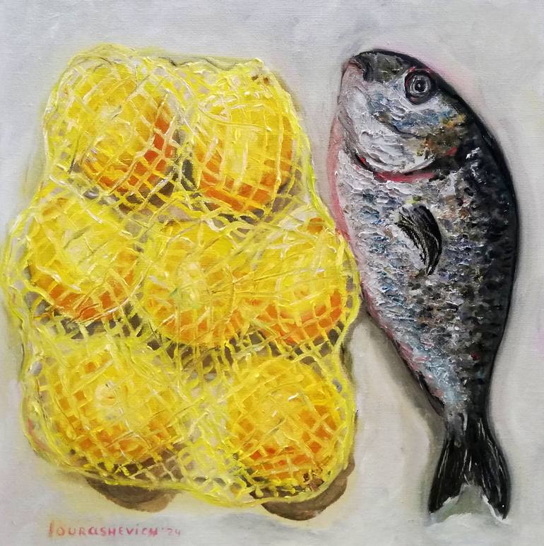 Original Food & Drink Painting by Katia Ricci | Art Deco Art on Canvas | Lemons Net with Fish Still Life - Oil Painting Art Collection
