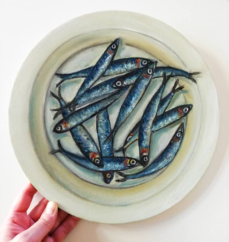 Original Food & Drink Painting by Katia Ricci | Art Deco Art on Canvas | Sardine Fishes in Plate